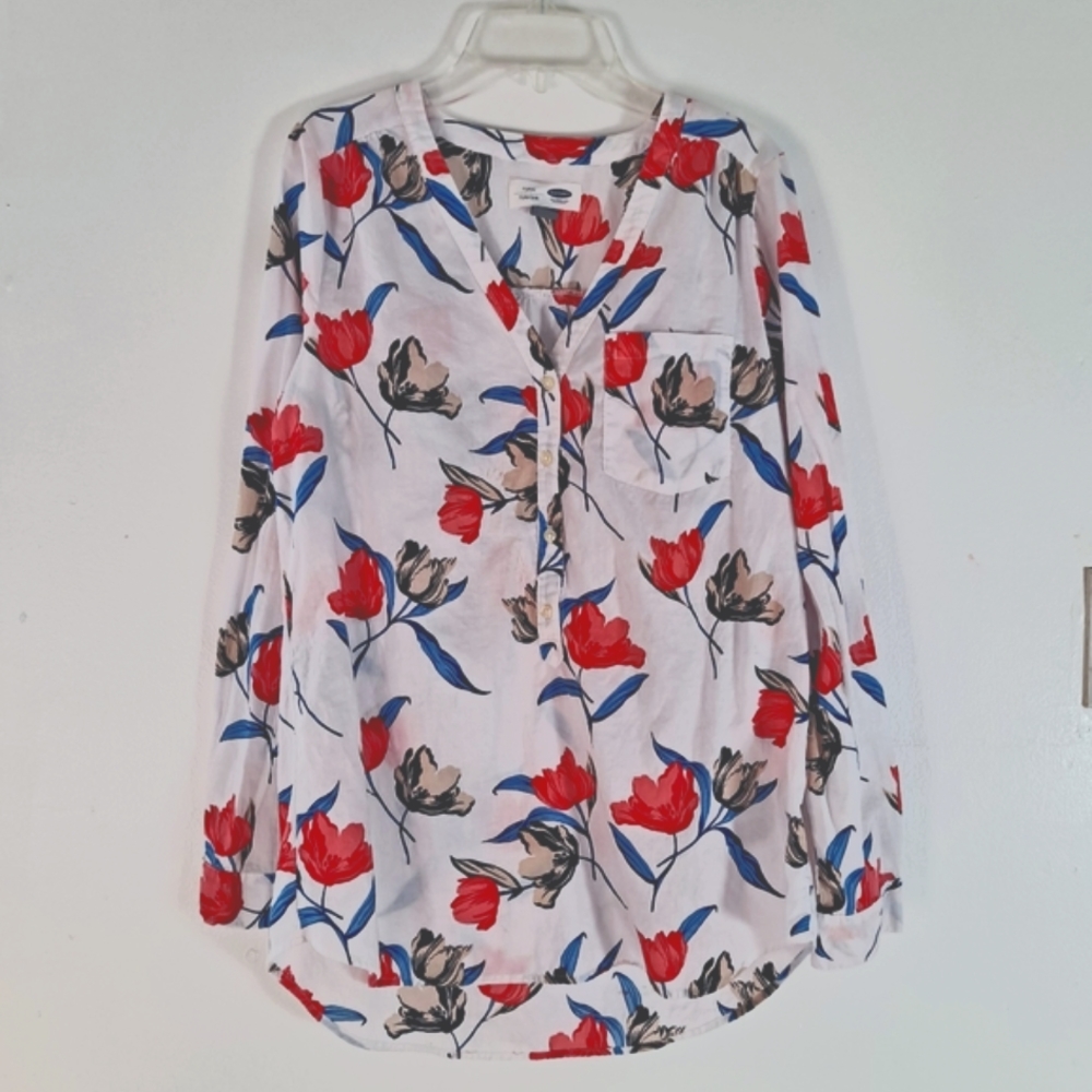 Old Navy Women White Long Sleeve Flower Print Tunic Top Size Small